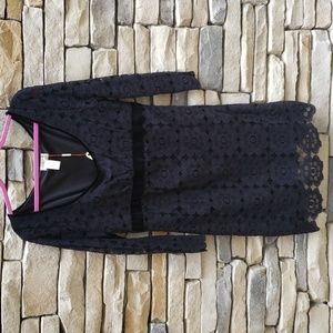 Black empire waist lace dress with velvet trim